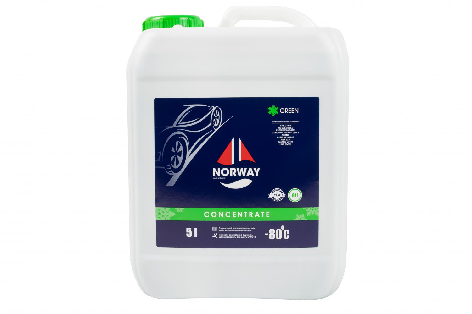 КОНЦЕНТРАТ АВТОРІДИНИ ОХОЛОДЖУЮЧОЇ «АНТИФРИЗ NORWAY G 11 -80°С» (ЗЕЛЕНИЙ) 5Л.